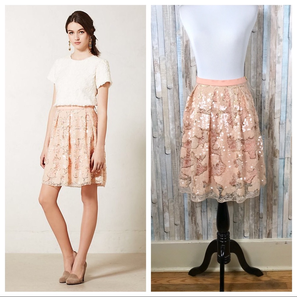 Anthropologie 2 Blush Sequin Flared Spark Skirt